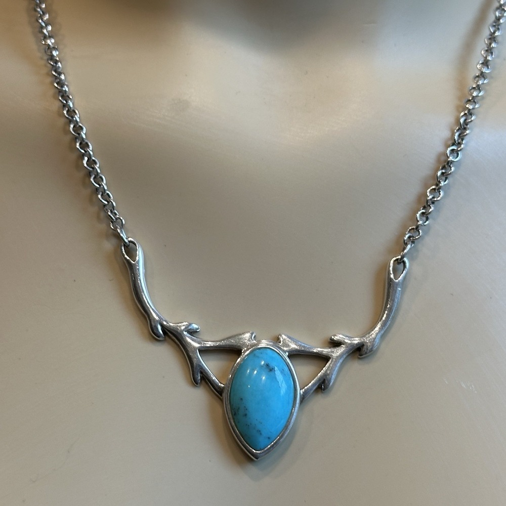 Vintage Barse Pendant Necklace 18 Inch Blue Turquoise Antlers 925 Sterling 15.7g